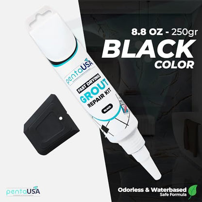 PentaUSA Tile Grout Repair Kit - Black Premixed Acrylic Sanded Grout Filler for Bathroom, Shower, and Kitchen Tile Repair, Water-Resistant Tube with Applicator, Fills Cracks and Gaps, (8.8oz / 250g)