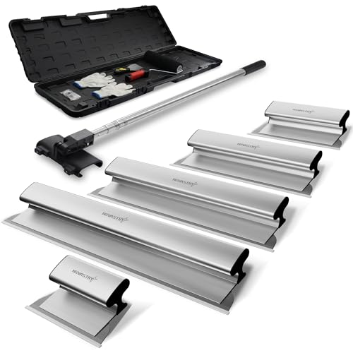 Professional Drywall Skimming Blade Kit (12", 16", 24", 32" & 40"), Stainless Steel Wall Finishing Tools with Extension Pole, Roller & Putty Knife, Lightweight Set with Carrying Case
