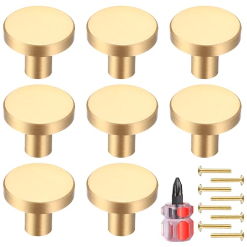 8 Pcs Gold Cabinet Knobs,Brushed Brass Round Kitchen Cabinet Hardware Pulls Knobs Gold for Dresser Drawer Cupboard Furniture Closet Wardrobe Door Knobs Handles, with Screwdriver,20x28 mm - size: 28mm/1.1inch (8 pcs Brass)