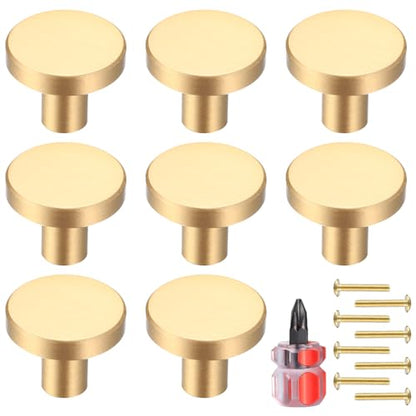 8 Pcs Gold Cabinet Knobs,Brushed Brass Round Kitchen Cabinet Hardware Pulls Knobs Gold for Dresser Drawer Cupboard Furniture Closet Wardrobe Door Knobs Handles, with Screwdriver,20x28 mm - size: 28mm/1.1inch (8 pcs Brass)