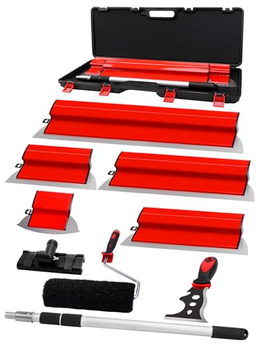 AZUNO Drywall Skimming Blade Set with Case| 10,16,24,32 Inch Stainless Steel Skimming Blades| 27"-60" Extension Handle, Compound Roller, Bucket Scoop & Putty Knife for Wall & Ceiling Finishing - size: 10+16+24+32 inch