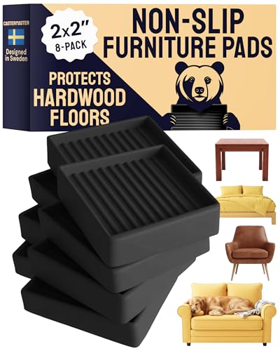 CasterMaster Non-Slip Rubber Furniture Pads - 2x2in Pack of 8 Black - Floor Scratch Protector - Anti-Skid Design & Keep Furniture from Sliding - Caster Cups & Rubber Feet - color: Black, size: 2'' x 2'' (Pack of 8)