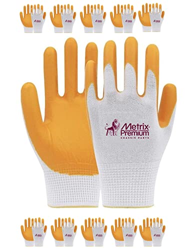 METRIX PREMIUM CHASSIS PARTS All Purpose Industrial Safety Work Gloves, Gold Yellow, MicroFoam Nitrile Coated 10 Pairs, Seamless Knit Nylon