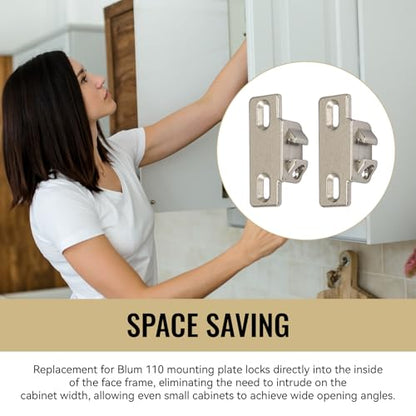 Hinge Mounting Plate Replacement for Blum 1 3/8" Overlay Compact 33 110 Degree, Face Frame Edge Mount Plates for Blum Cabinet Hinges, Self Closing, Nickel Finish (Pack of 2)