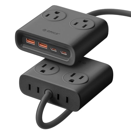 ORICO Power Brick, 25W GaN Power Strip, 8 in 1 Extension Cord with 4 AC Outlets and 2 USB-A and 2 USB-C Ports, 5ft Flat Plug Black Outlet Extender for Home/Dorm/Travel-PDC (1 PCS) - color: Black