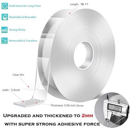 GLBEAR Extra Strong Double Sided Tape, Double Sided Adhesive Tape Heavy Duty, Clear & Tough Nano Tape for Hanging Picture, Poster, Carpet, Photo Deco, Multipurpose Mounting Tape（10 Feet×0.6inch×2mm）