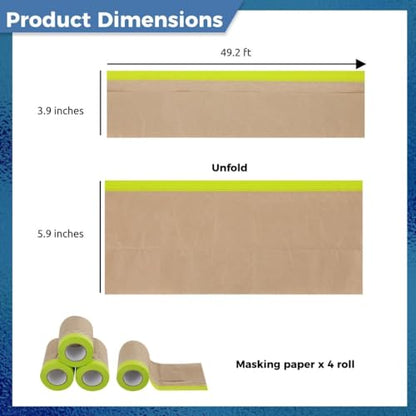 yeesport 4 Rolls Pre-Taped Masking Paper for Painting, Tape and Drape Painters Paper, Paint Adhesive Protective Paper Roll for Covering Skirting, Door Frames, Cars (6 in x 50 Ft) - size: 6 in X 50 Ft