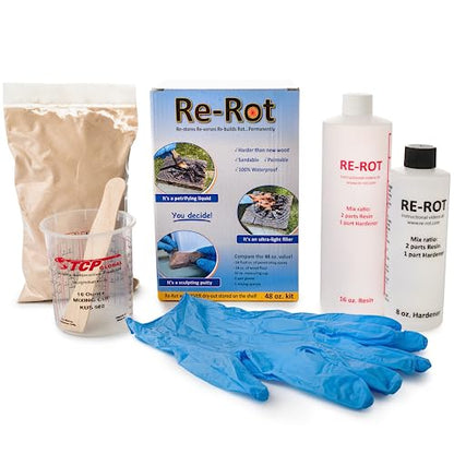 Re-Rot Epoxy Wood Repair Kit - Fix Dry Rot & Rotted Wood - Includes Wood Filler, Gloves, & Mixing Tools - Structural Wood Restoration - 48 oz