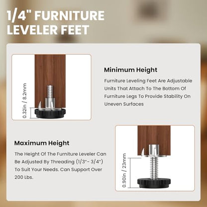 1/4" Furniture Leveling Feet with T-Nuts, 12 Pcs Stainless Steel Adjustable Leveling Feet, Screw on Table Leg Levelers for Table, Cabinets, Chairs, Stool Legs