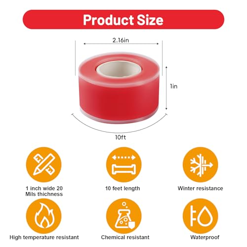 2-Pack Red Rubber Splicing Tape (20 Ft Total) - Self Fusing Emergency Repair Tape for Wiring & Marking - Non-Slip Silicone Grip for Handlebars - Easy-Peel Liner, 1 Inch x 10 Feet - color: Red