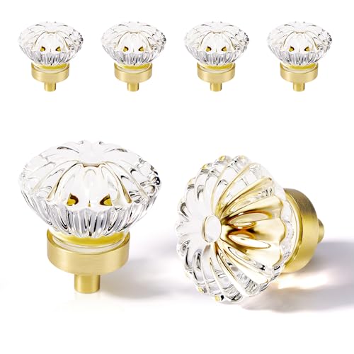 1.4 Inch Brushed Gold Crystal Cabinet Knobs Cabinets Knob, 4 Pack Flower Vintage Glass Clear Crystal Small Pull for Closet Dresser Drawers, Solid Alloy Retro Pulls Old Fashioned Drawer Handle - color: Brushed gold（Note the size), size: 4pack