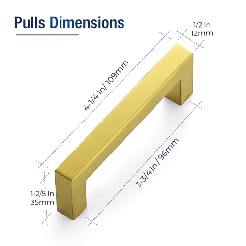 JOY DECOR 2 Pack Cabinet Handles, Gold Cabinet Pulls, 3-3/4 Inch Kitchen Handles Square Drawer Pulls Stainless Steel Drawer Hardware, 96mm Hole Center - size: 3-3/4 Inch Hole Center