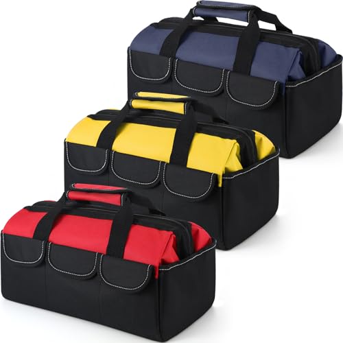 Sanwuta 3 Pack Tool Bag for Men with Waterproof Hard Bottom, Heavy Duty Tool Bag Wide Mouth Tote for Various Instrument, Electrician Carpenter Mechanic (Blue, Red, Yellow,16 Inch,Side Pockets) - color: Blue, Red, Yellow, size: 16 Inch, style: Side Pockets