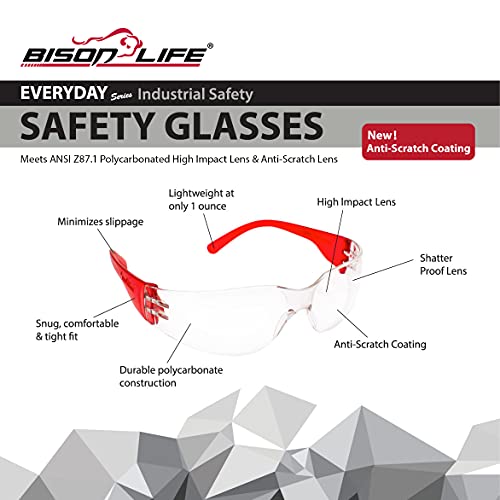 BISON LIFE Clear Safety Glasses – ANSI Z87.1 Scratch & Impact Resistant Wrap Around Eye Protection Goggles for Men & Women - color: Clear/Red