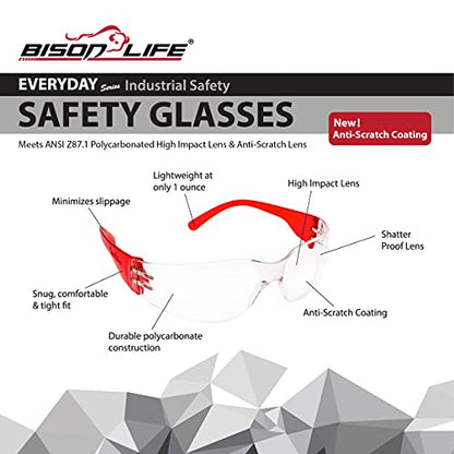 BISON LIFE Clear Safety Glasses – ANSI Z87.1 Scratch & Impact Resistant Wrap Around Eye Protection Goggles for Men & Women - color: Clear/Red