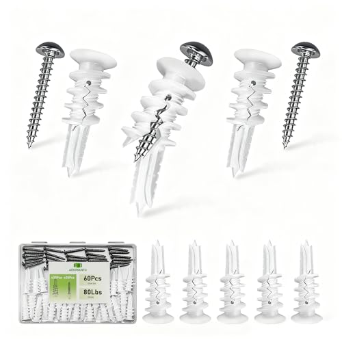 60Pcs Drywall Anchors and Screws Kit, Self Drilling Drywall Anchors Heavy Duty Holds 80lbs, No Drill Hole Required, #8 Phillips Head Screws Assortment Kit for Sheetrock/Plaster Walls(60)