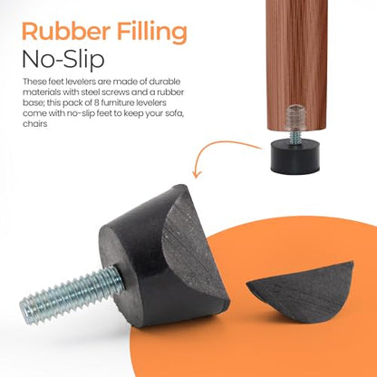 NEWBYTEK 1/4-20 Rubber Adjustable Furniture Leveler，8 Pack Leveling Feet Screws in Threaded, Feet Levelers Screw On Furniture Glide Leveling for Table, Chair, Furniture Legs - size: 1/4"-20 With Nuts, 8pcs
