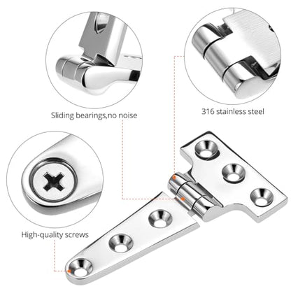 QWORK 316 Stainless Steel T Hinge, 2 Pack Marine Grade 4'' x 2" Boat Hatch Hinges, Heavy Duty Cabinet Hardware Door Hinge for Marine and Exterior Applications