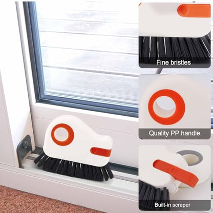 PEUTIER 2pcs Crevice Cleaning Brush, Hard Bristle Window Track Cleaning Tools 2 in 1 Cleaner Scrub Brush Grip Brush Cleaner with Hidden Scraper for Sliding Door Sill Shutter Vents Household