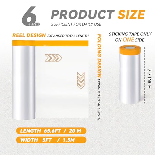 6 Rolls 5 X 65.6 Feet Pre-Taped Masking Film, Tape and Drape Drop Cloth, Plastic Sheeting Drop Cloth for Painting, Automotive Covering and Appliance Protection (5 X 65.6 Feet) - size: 5 X 65.6 Feet