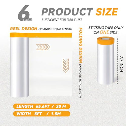 6 Rolls 5 X 65.6 Feet Pre-Taped Masking Film, Tape and Drape Drop Cloth, Plastic Sheeting Drop Cloth for Painting, Automotive Covering and Appliance Protection (5 X 65.6 Feet) - size: 5 X 65.6 Feet