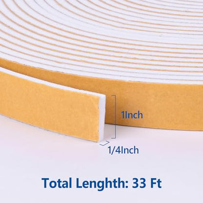 Kikerike Self Adhesive Foam Tape Weatherstrip 1in x 1/4in x 33Ft High Density Foam Insulation Strips Seal Weather Stripping with Strong Adhesive for Door and Window Sound Isolation Soundproofing - size: 1in X 1/4in X 33ft