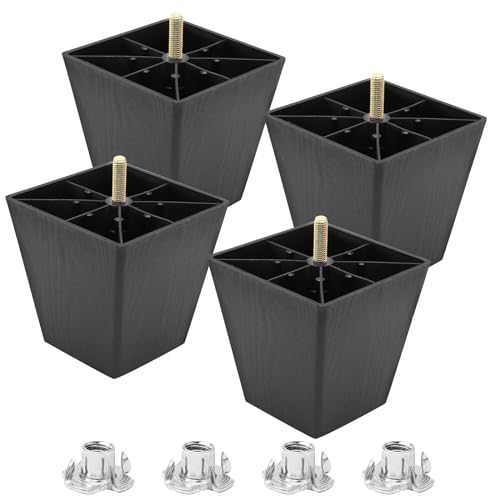 Luomorgo 4 Pcs 4 Inch Plastic Table Legs, Black Tapered Furniture Legs, Square Sofa Replacement Legs M8 Threaded with T-Nuts, Heavy Duty Furniture Legs for Couch, Cabinets, Dressers, Chair - color: Square Tapered, size: 4 Inch