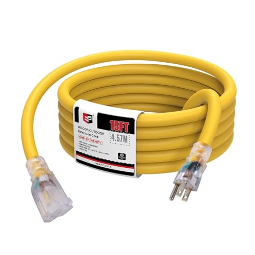 EP 15 Ft Lighted Outdoor Extension Cord - 10/3 SJTW Heavy Duty Yellow Extension Cable with 3 Prong Grounded Plug for Safety, ETL Listed - color: Yellow, size: 15ft