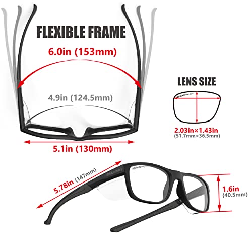 HTS HUNTERSKY TR90NZZ Safety Glasses with Side Shield Small Size Women Men ANSI Z87 Anti Fog Scratch Resistant Lab Pickleball - color: Black/Clear