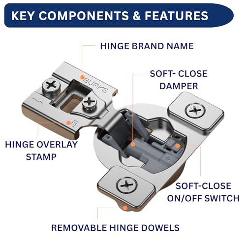 Burks Hinges 30 Pack 1/2'' Overlay Soft Close Hinges for Kitchen Cabinets Anti-Rust Self Closing Concealed Hinges Installation Instruction and Screws Included - size: 1/2'' Overlay