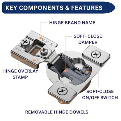 Burks Hinges 30 Pack 1/2'' Overlay Soft Close Hinges for Kitchen Cabinets Anti-Rust Self Closing Concealed Hinges Installation Instruction and Screws Included - size: 1/2'' Overlay