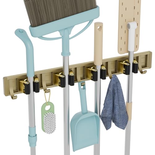 reliahom Broom Holder Wall Mount, 4 Racks with 5 Hooks Bronze - Mop Storage Tool Racks, Broom Hanger Tool Organizer for Garage, Kitchen, Garden, Laundry Room - color: Bronze, size: 1 Pack 4R5H
