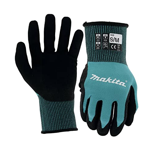 Makita Unisex FitknitÂ T 04117 FitKnit Cut Level 1 Nitrile Coated Dipped Gloves Small Medium, Teal/Black, Small Medium US - size: Small-Medium