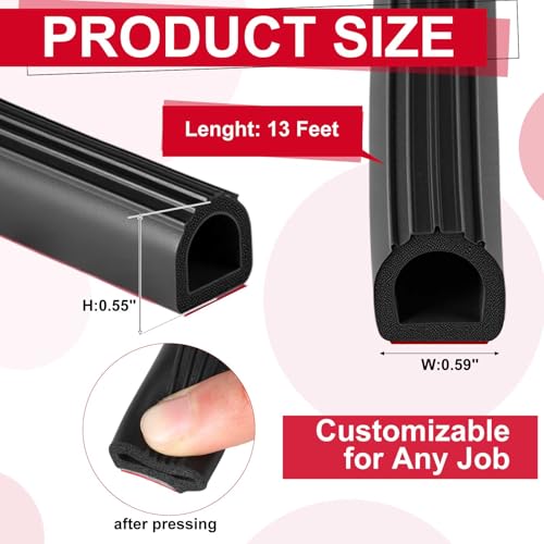 Pangda 13Ft D Shape Rubber Weather Stripping Foam Self-Adhesive EPDM Seal Strip for Noise Reduction Waterproof Dustproof for Cars Boats RVs Windows Doors (0.59" W x 0.55" H) - size: 13ft L, style: 0.59" W X 0.55" H