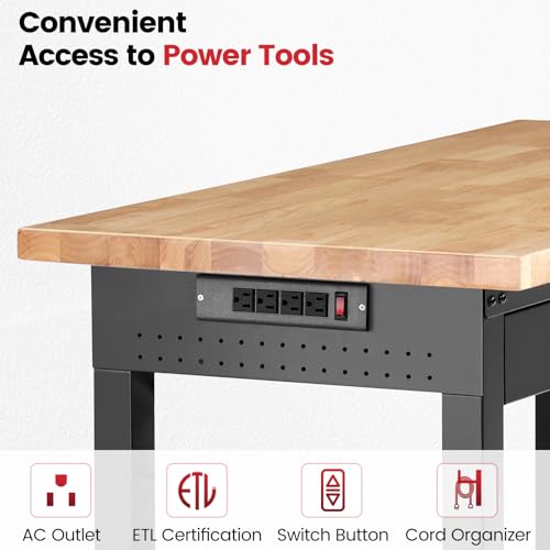 ENJOYWOOD 48" x 24" Heavy Duty Workbench Adjustable Height Garage Work Table with Solid Rubberwood Top, Drawer & Power Outlets for Workshop, Home & Office - size: X-Small