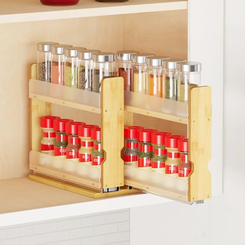 SpaceAid Bamboo Pull Out Spice Rack Organizer for Cabinet, Heavy Duty Slide Out Seasoning Kitchen Pantry Sliding Vertical Organization, 5.1" Wide, 2 Drawers(2" Wide), 2-Tier, Natural - color: Natural, size: 5.1" Wide, 2 Drawers(2" Wide), 2-Tier