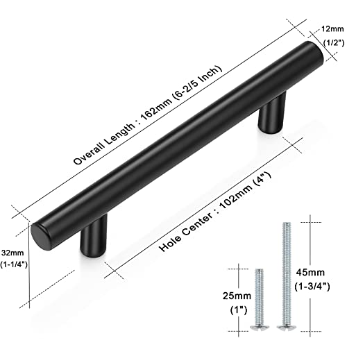 Probrico 5 Pack|4 Inch Hole Centers Flat Black Dresser Pulls Cabinet Handles,Stainless Steel Euro Bar Cabinet Handles Dresser Pulls for Kitchen Closet Cupboard Wardrobe,Total Lenght:162mm(6-4/5 Inch) - color: Black, size: ‎hole Center 4"
