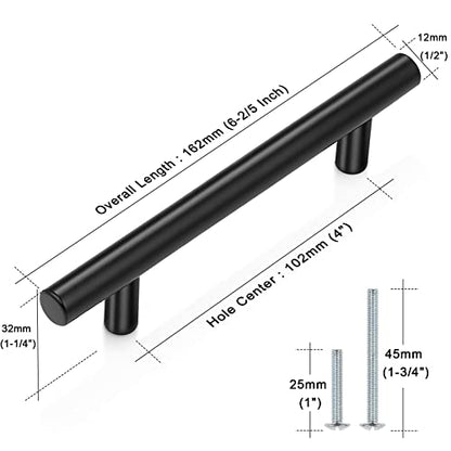 Probrico 5 Pack|4 Inch Hole Centers Flat Black Dresser Pulls Cabinet Handles,Stainless Steel Euro Bar Cabinet Handles Dresser Pulls for Kitchen Closet Cupboard Wardrobe,Total Lenght:162mm(6-4/5 Inch) - color: Black, size: ‎hole Center 4"