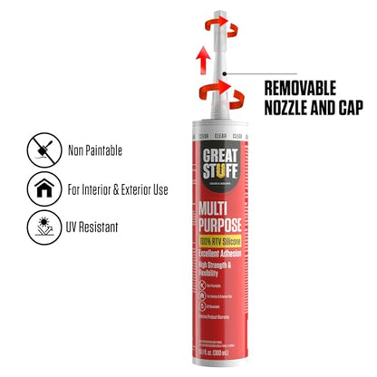 Great Stuff 100% Silicone Caulk - Clear RTV Silicone Sealant, All Purpose Sealant, Outdoor Caulking Weatherproof, Silicone Caulk Clear, Bathroom Caulk, Silicone Sealant, 10.1 oz