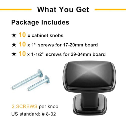 Matte Black Cabinet Knobs Black Drawer Knobs, 10 Pack 1-1/4 Inch, 1990 Square Single Hole Cabinet Pulls for Kitchen Cabinets Drawers Bedroom Dresser Cupboard Bathroom Vanity - color: Matte Black, size: 1-1/4 Inches, style: 10 Pack Square Knob