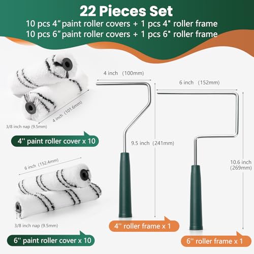 20 Pack 4 Inch and 6 Inch Microfiber Paint Roller Covers with 2pcs Anti Rust Metal Roller Frames, Professional Grade Painting Tools for Walls, Ceilings, Furniture - size: 4 Inch & 6 Inch, 22 Pack