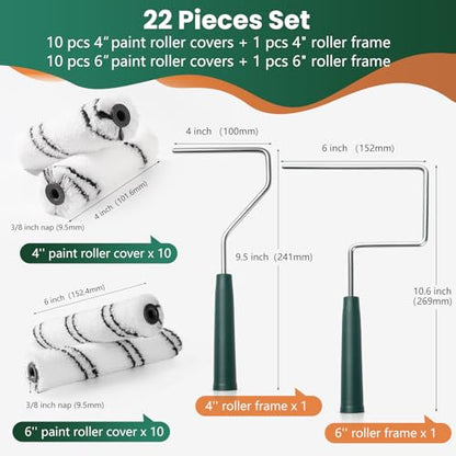 20 Pack 4 Inch and 6 Inch Microfiber Paint Roller Covers with 2pcs Anti Rust Metal Roller Frames, Professional Grade Painting Tools for Walls, Ceilings, Furniture - size: 4 Inch & 6 Inch, 22 Pack