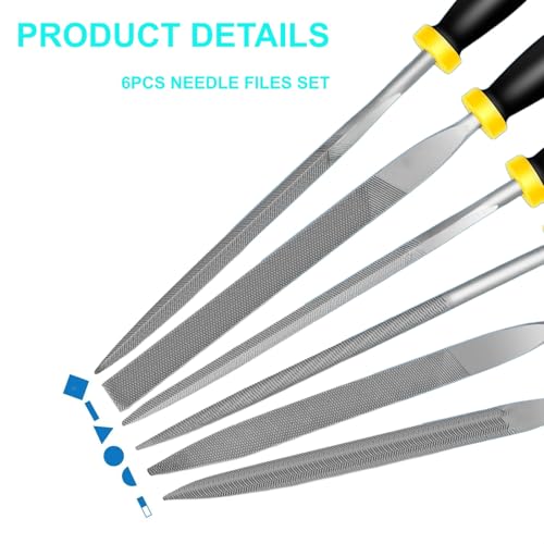 6 Piece Metal Needle File Set - 4-inch,Carbon Steel Files for Metal, Wood & Jewelry | Includes Flat, Warding, Square, Triangular, Round, and Half-Round Files - size: 6pcs 4in