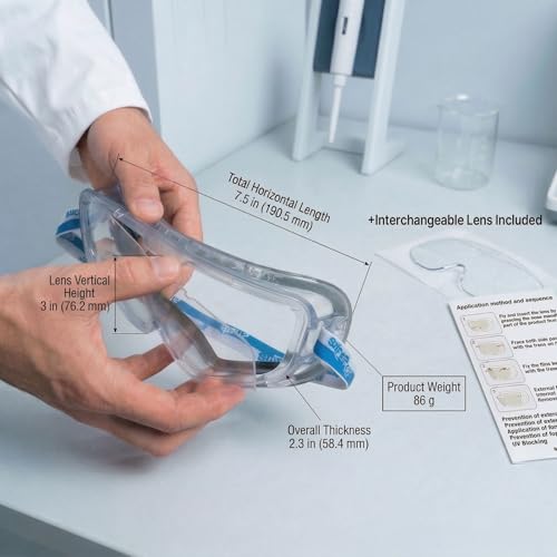 Safety Goggles Over Glasses, Spare Lens Included, ANSI Z87.1 Anti-Fog, Dual Foam Seal, Lab Construction Work Workshop - size: 1 Goggle + 1 Replacement Lens