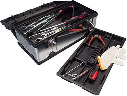 18" Stainless Steel Portable Storage Tool Box Organizer with Metal Lock, Clear Lid Compartments, and Removable Tray - Stainless Steel/Black - style: 19 inch Stainless Steel & plastic toolbox