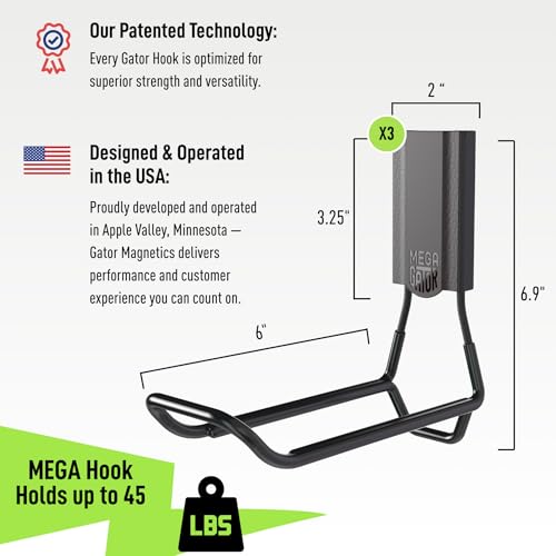 GATOR MAGNETICS MEGA 6 in Closed Hooks, 45 lb Heavy Duty Magnetic Hooks for Steel Surfaces, Patented Easy-Release, Non-Slip Grip – Storage & Organization, Garage, Home Tools & Gear Storage – 3 Pack - size: 6 Inch, style: Closed