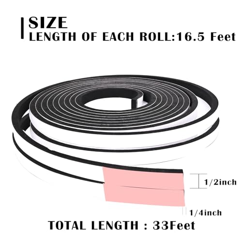 1/2 Inch Wide x 1/4 Inch Thick Foam Weather Stripping Black,Single Sided Foam Tape for AC Window and Doors,Closed Cell Foam Weather Strip,Self-Adhesive Foam Insulation Tape 33 Feet - size: 1/2In x 1/4In x 33Ft