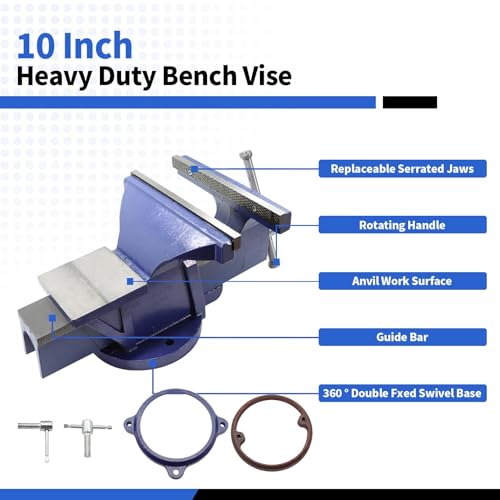 Nakkaa 10" Heavy Duty Bench Vise Cast Iron Vise with 360° Flexible Swivel Locking Base Home Work 10 Inch Swivel Bench Vice with Anvil - size: 10 Inch Bench Vise