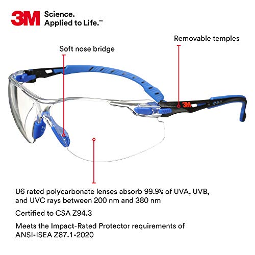 3M Safety Glasses for Men and Women, Solus 1000 Series, ANSI Z87, Scotchgard Anti-Fog, Clear Lens, Low Profile, Blue/Black Frame - size: Single, style: Clear Lens, Blue/Black Frame