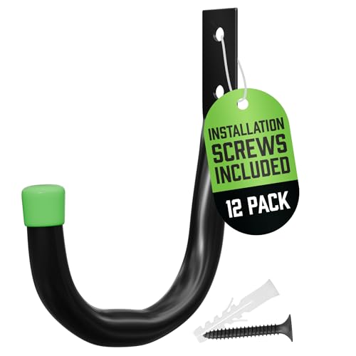 PRIMERIVER Heavy Duty Garage Storage Hooks | J-Hook Wall Mount Hangers with Screws | Utility Hooks for Tools, Ladders & Bikes – 12-Pack